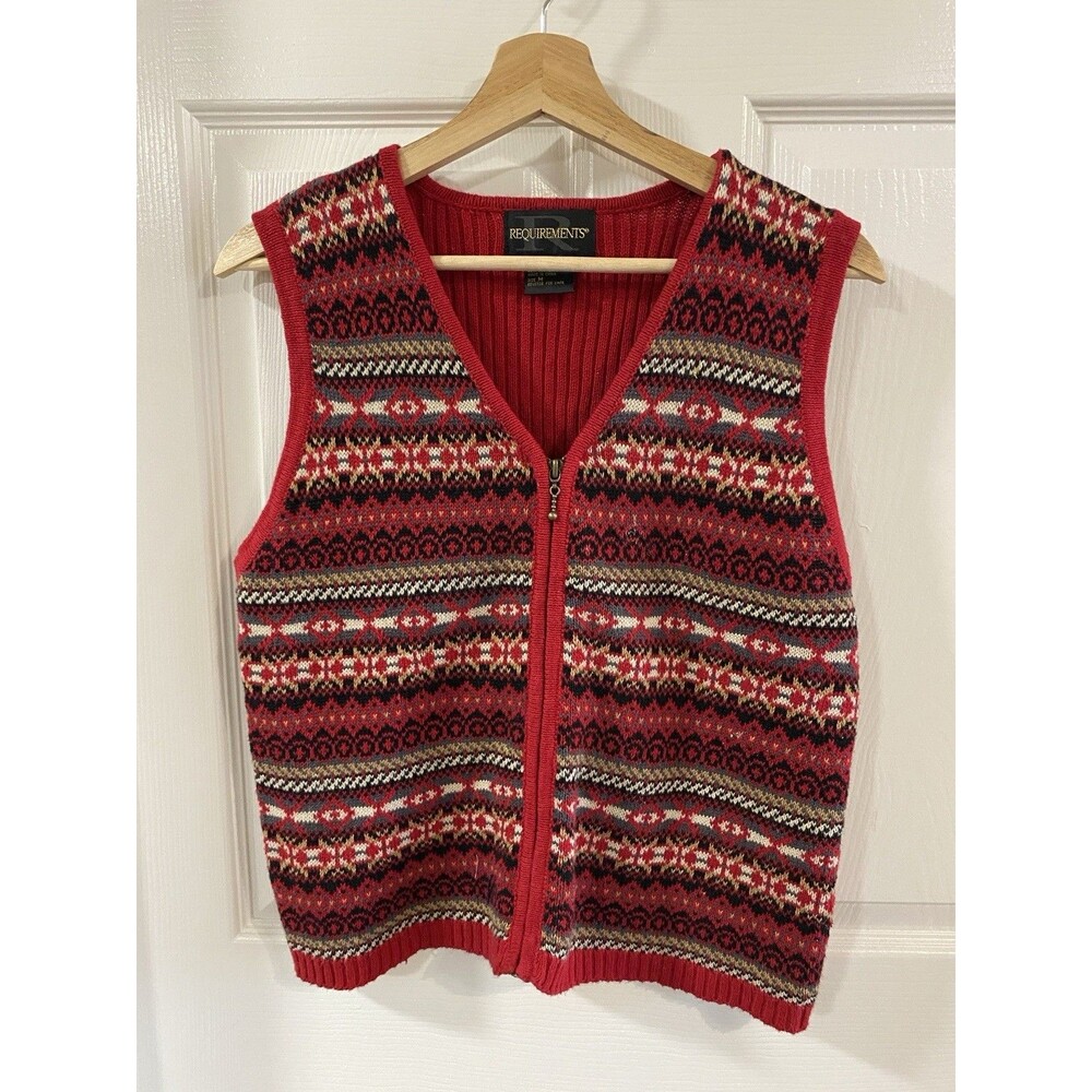 Requirements Full Zip Red Fair Isle Sweater Vest M Holiday Cabin Vintage 90s
